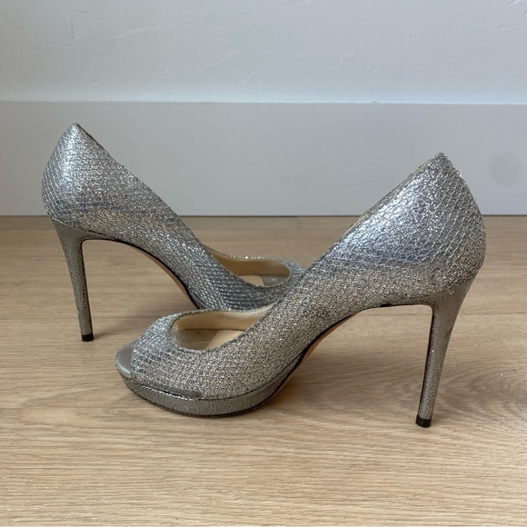 Jimmy Choo Luna 100 Champagne Glitter Fabric Peep Toe Platform Pumps - Picture 5 of 9